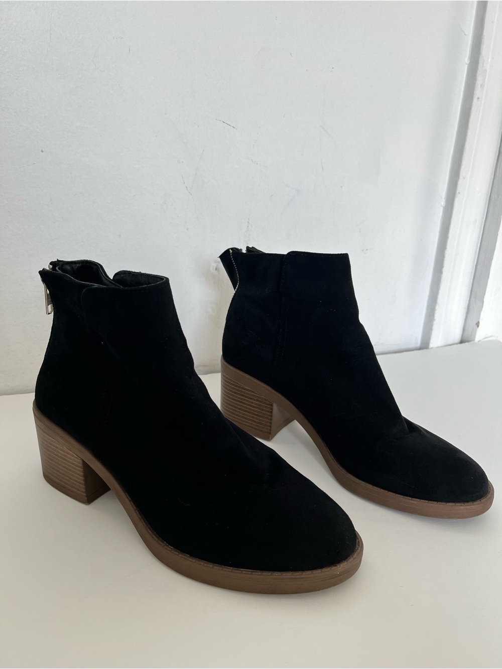 Forever 21 Black Suede Ankle Booties with Brown Block Heel